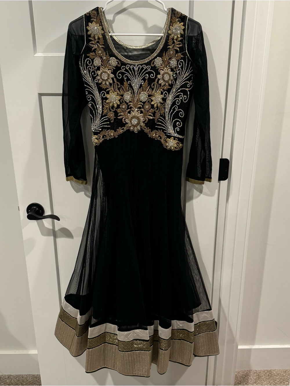 Gorgeous Beaded Indian Pakistani Anarkali Dress Size S Black Gold Sequin